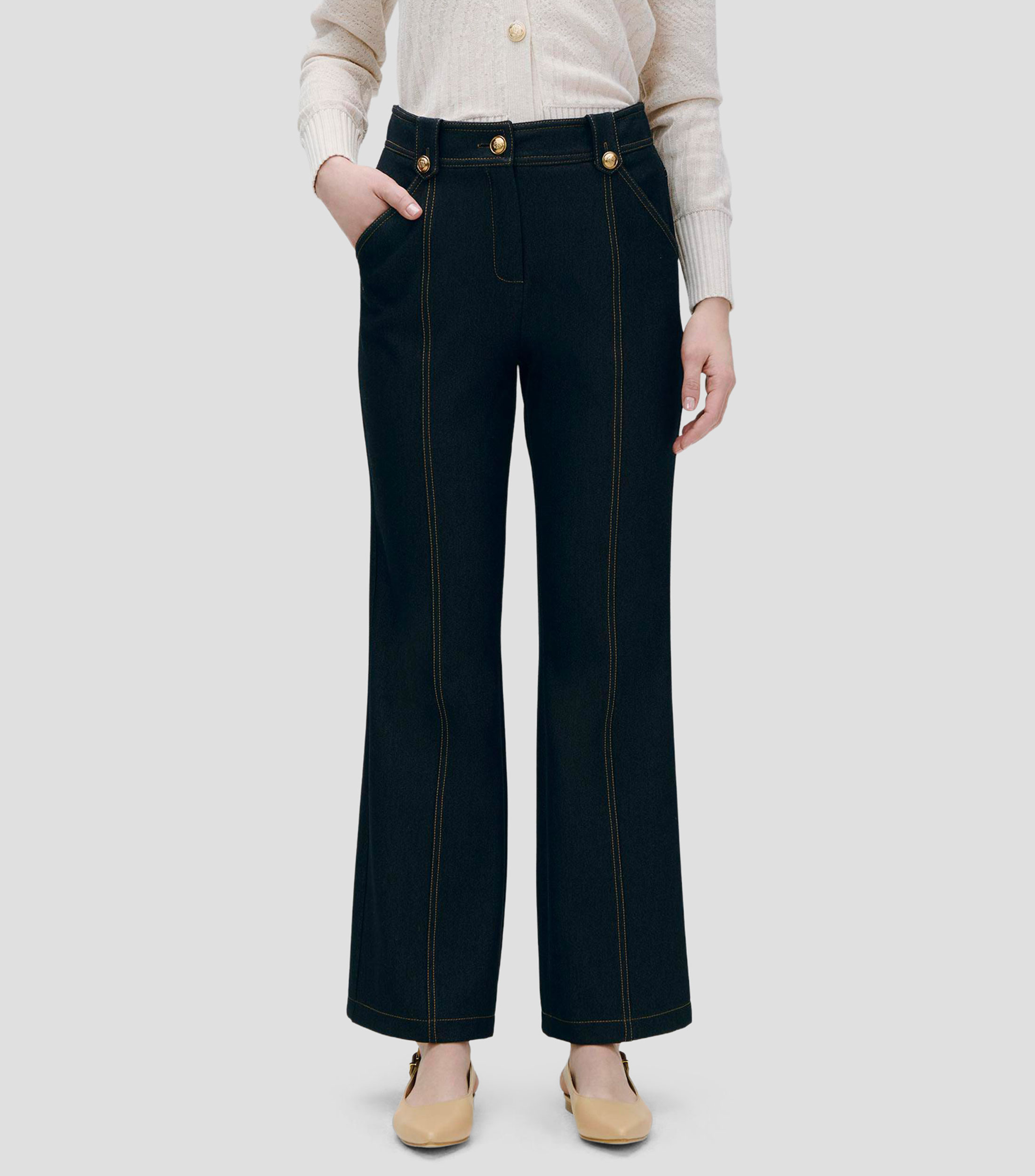 Pantalón recto fluido tiro alto tipo denim pretina con trabas Mujer